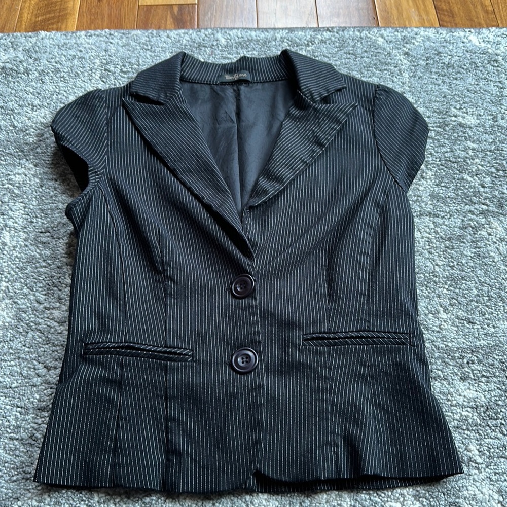 Like New Black & White Pinstripe Double Button Stretchy Fitted Small Top/Jacket